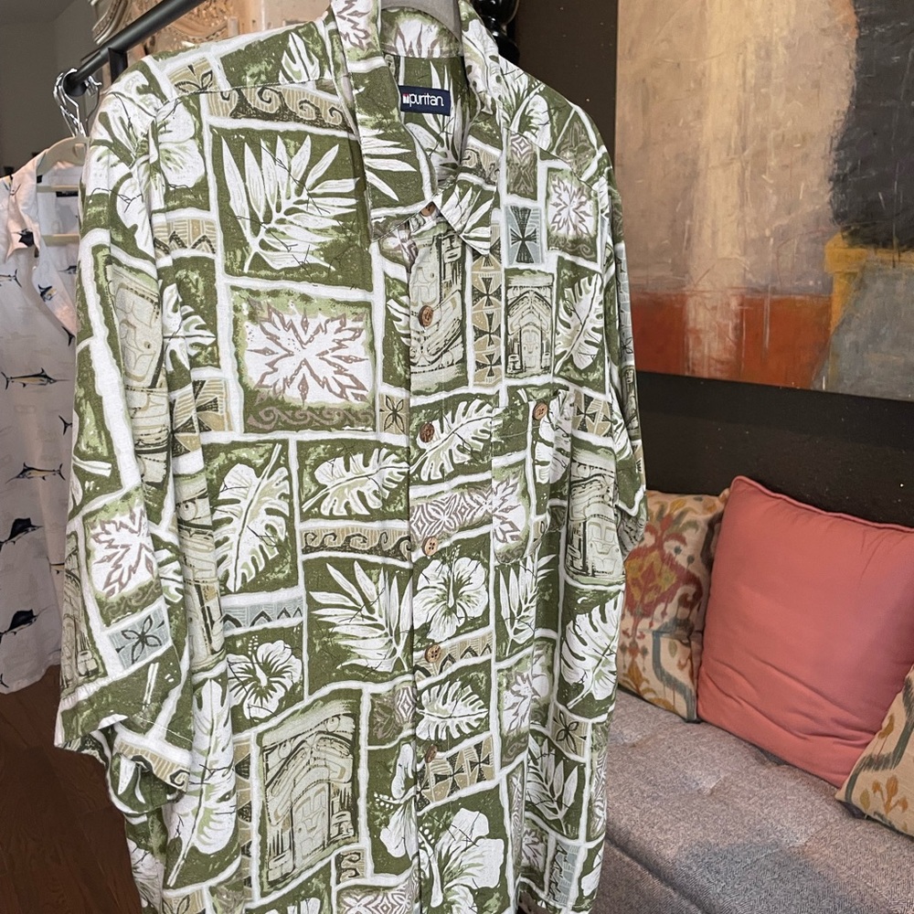 Green and White Vintage Button-Up Shirt by Puritan. Has  pocket and wood buttons